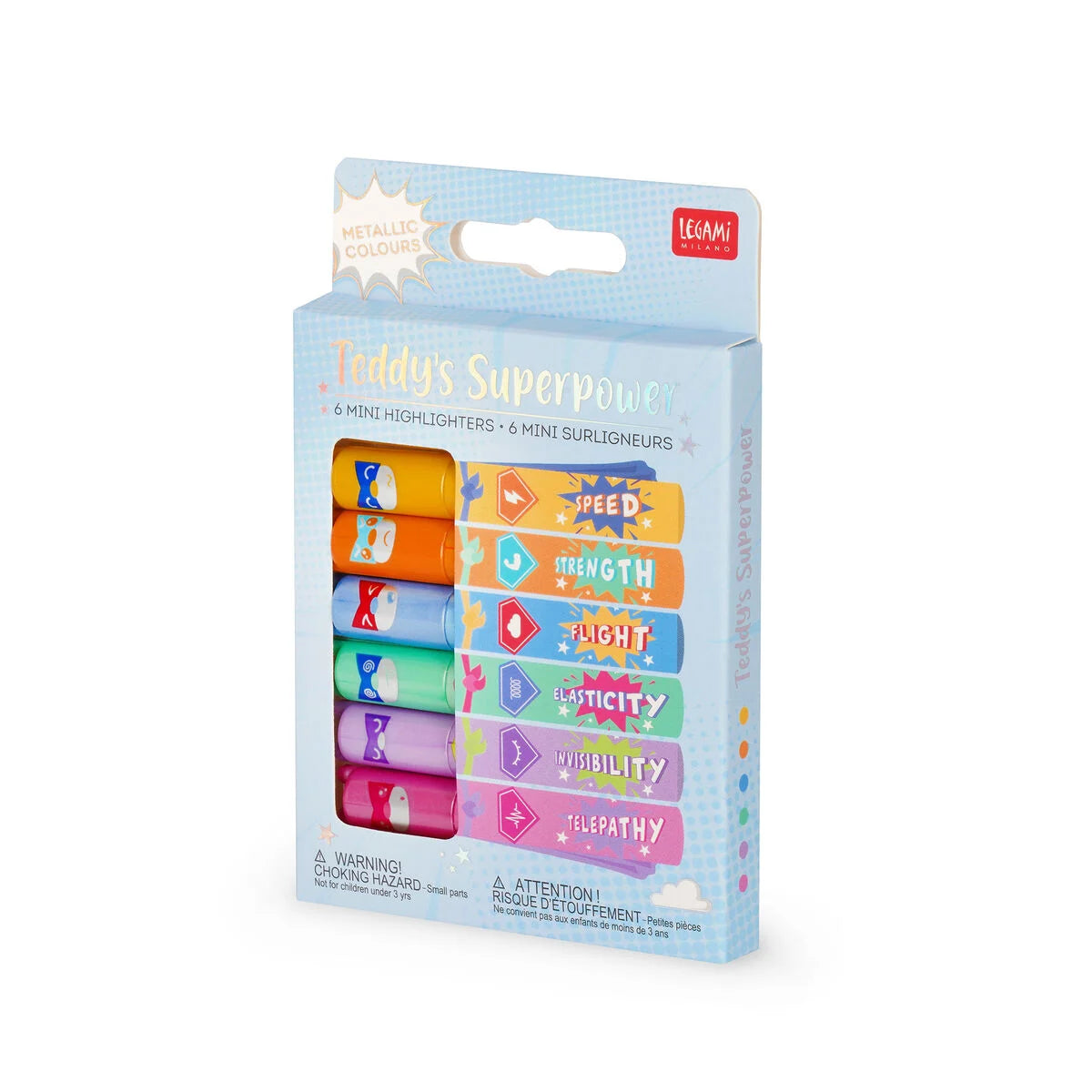 Set de 6 Mini Subrayadores Legami Teddy’s Superpower – Colores Metálicos Les Trouvailles de Tolède