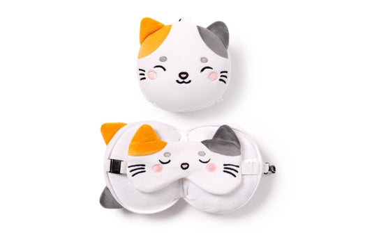Almohada de viaje con antifaz – Gato tricolor